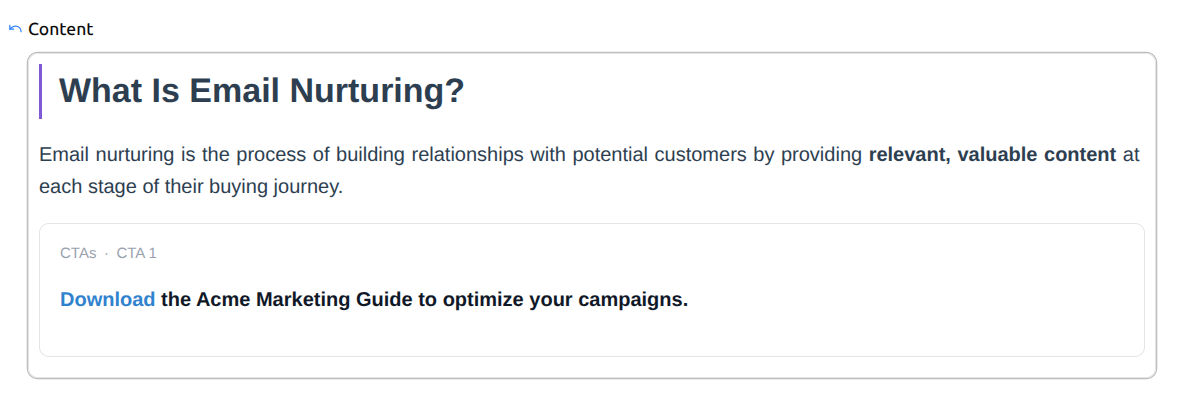 A rendered block card showing a Glossary definition embedded within a blog post editor