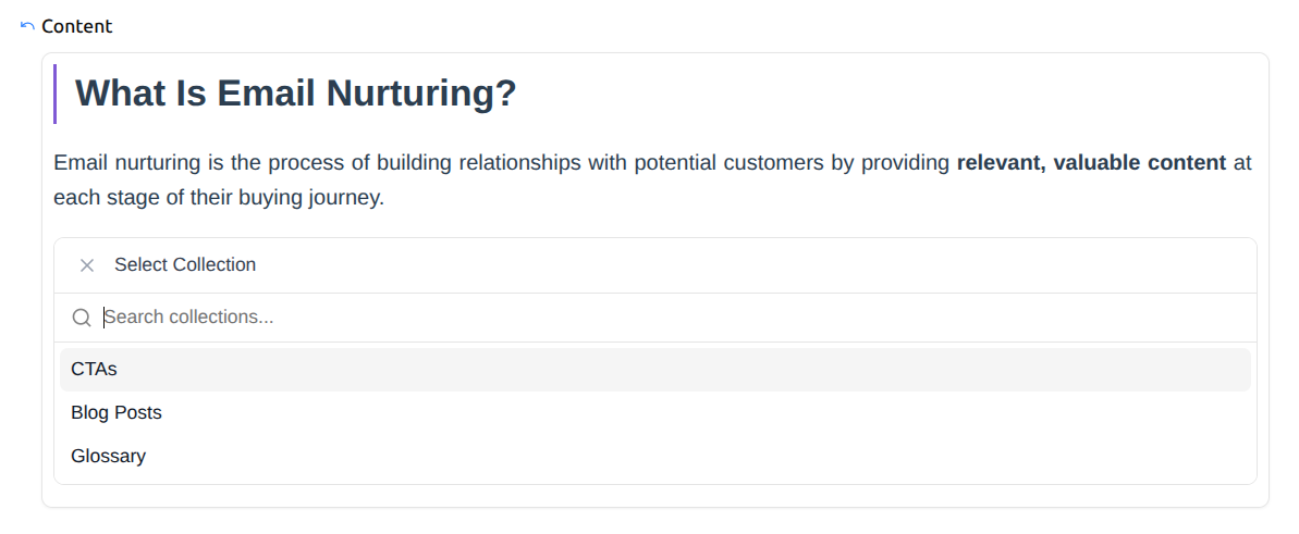 The block picker showing the Select Collection step, appearing inline in the rich text editor after choosing Block from the slash command menu