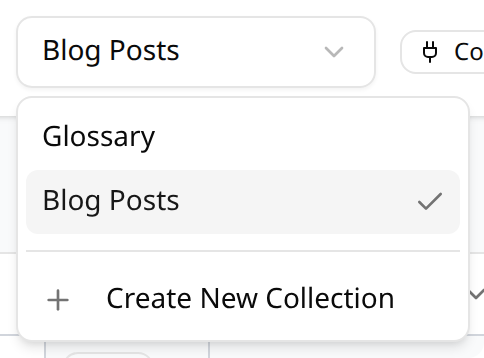 Collection selector open, showing available collections and a Create New Collection option at the bottom