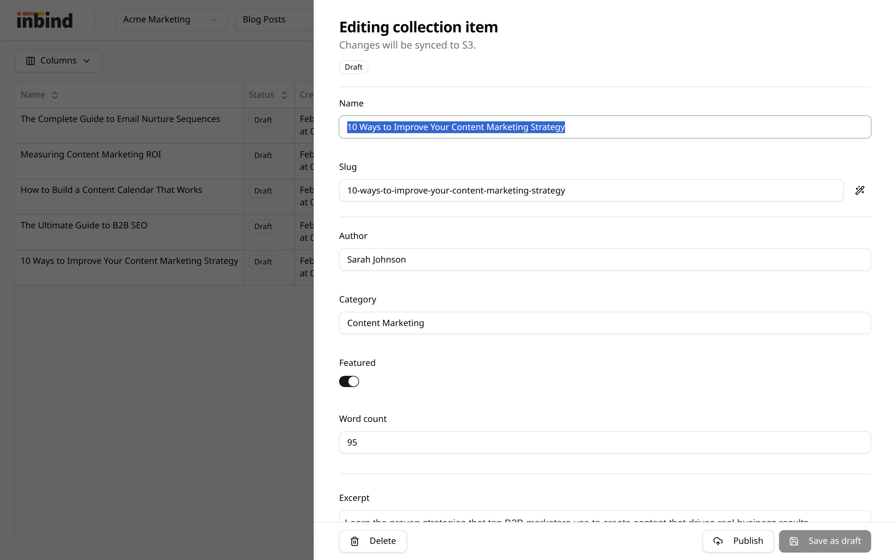 Collection table with the item detail panel open on the right side