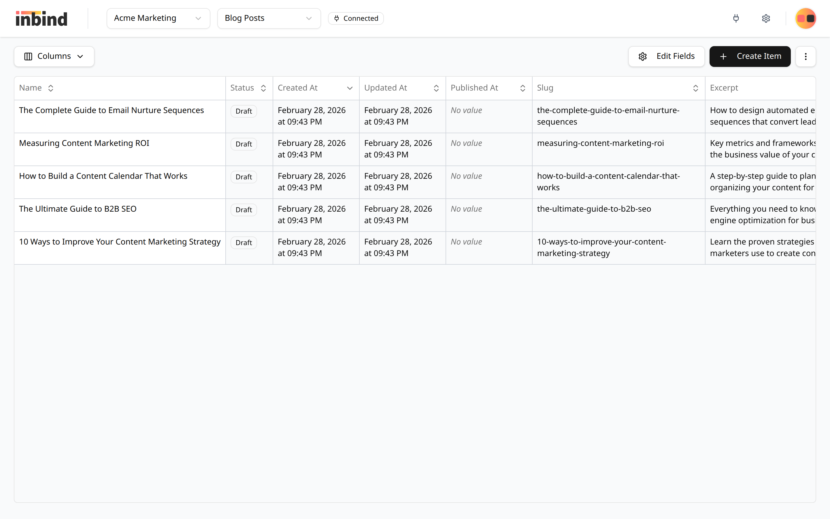 Collection table showing items as rows with collection fields as columns