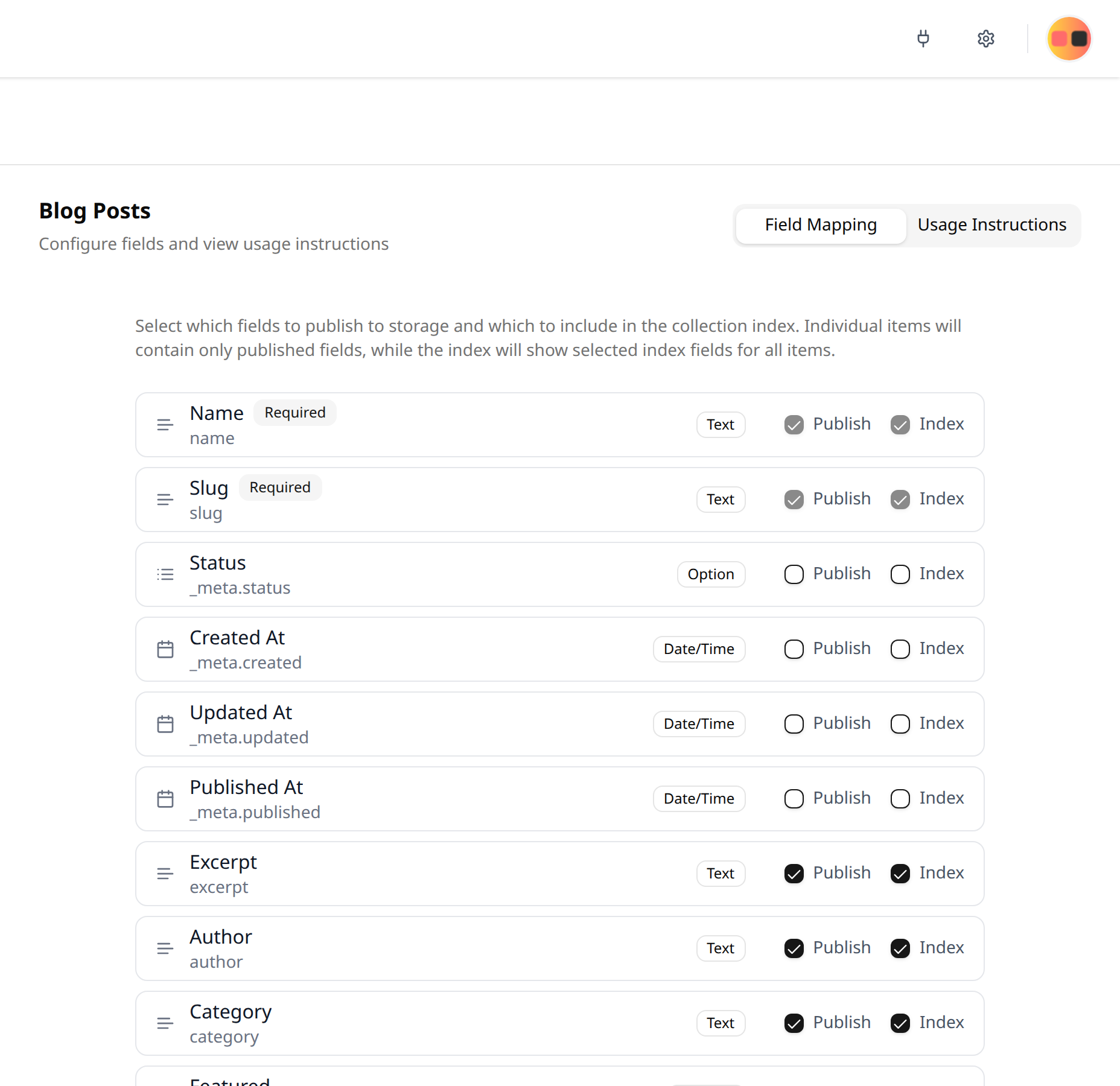 Field mapping panel showing published and index field checkboxes for each field in the collection