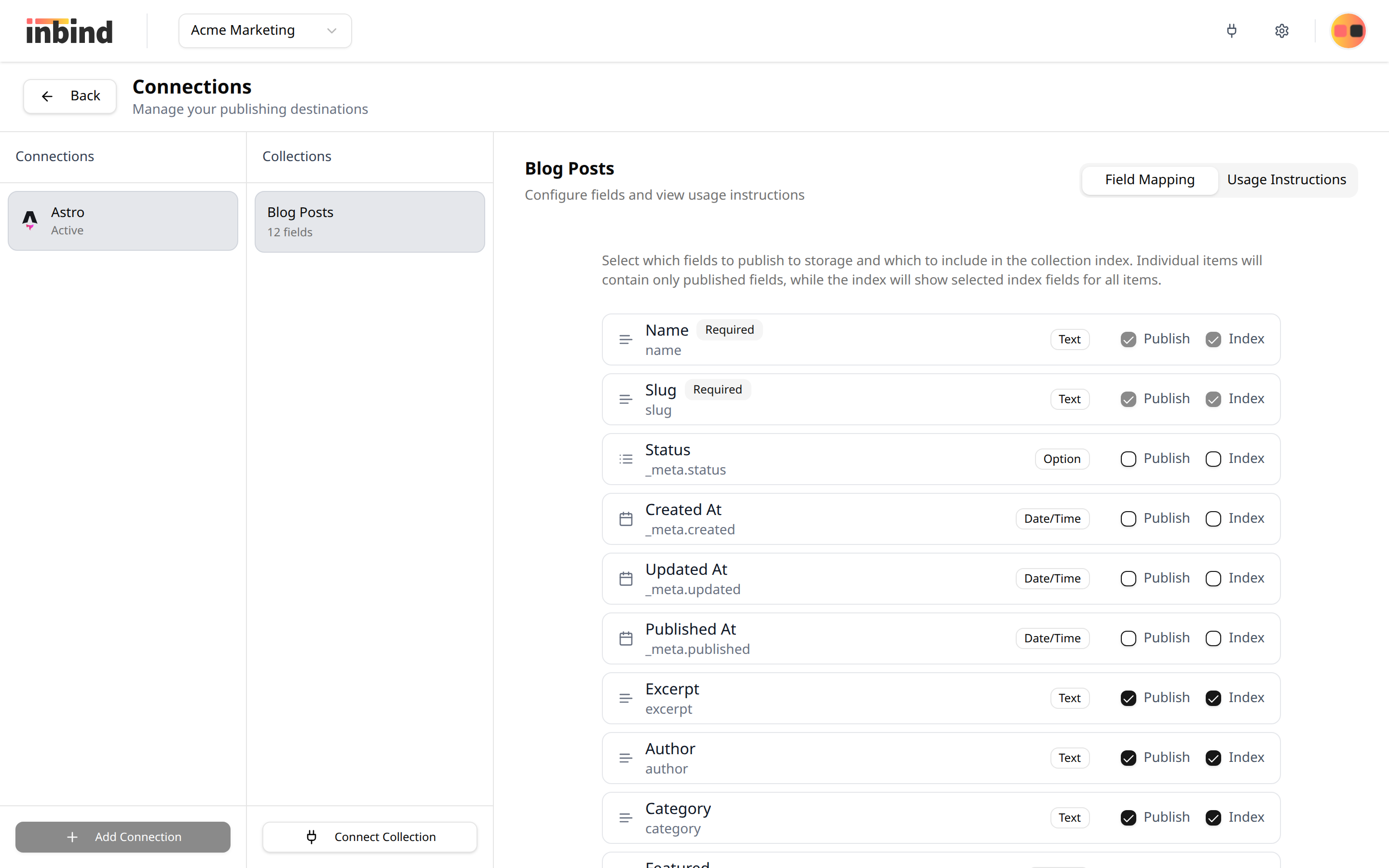 Connections page showing the three-column layout: connections list on the left, linked collections in the middle, and the field mapping configuration panel on the right
