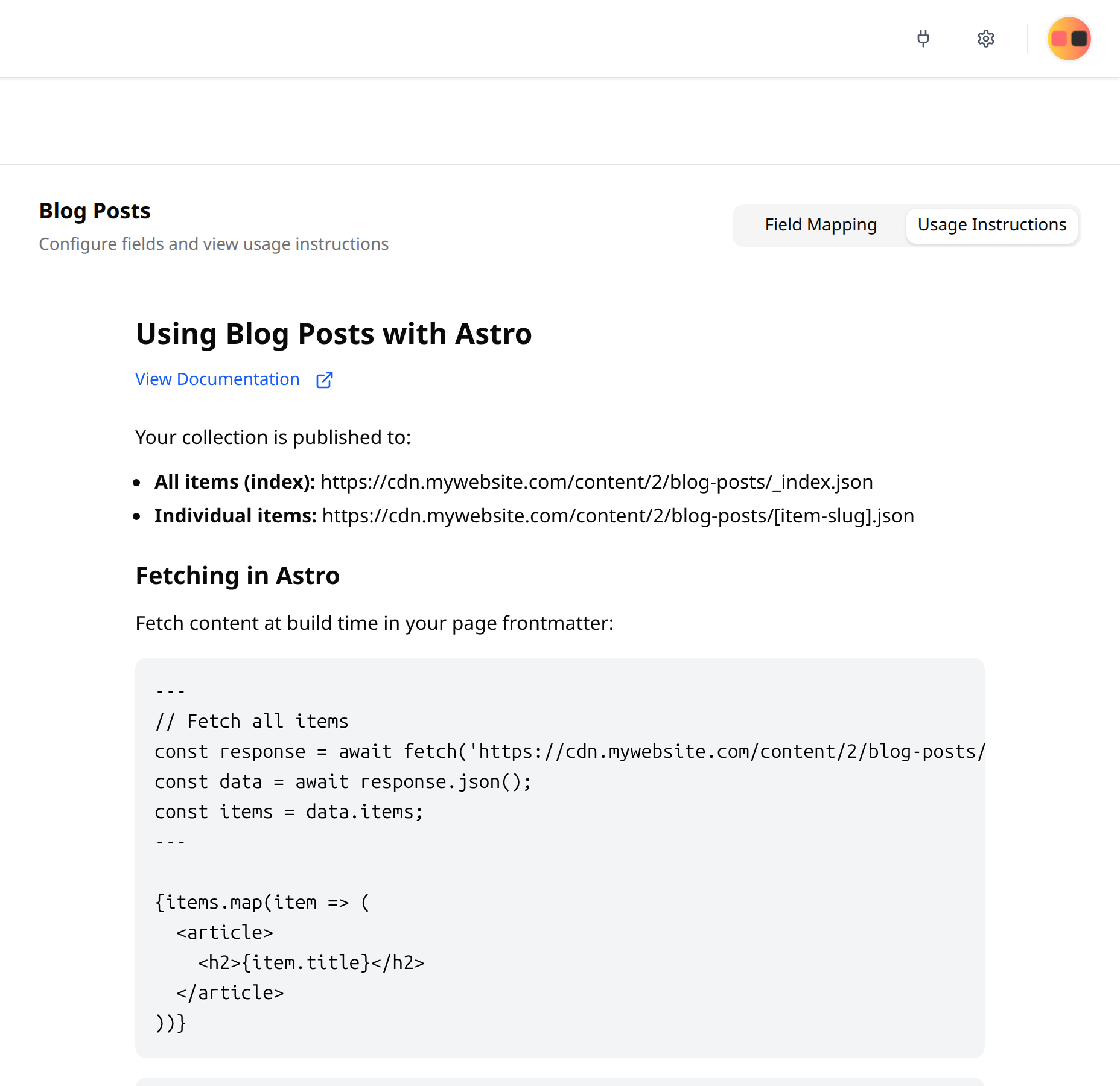 Usage Instructions tab showing the published content URLs and a framework-specific code example for fetching data