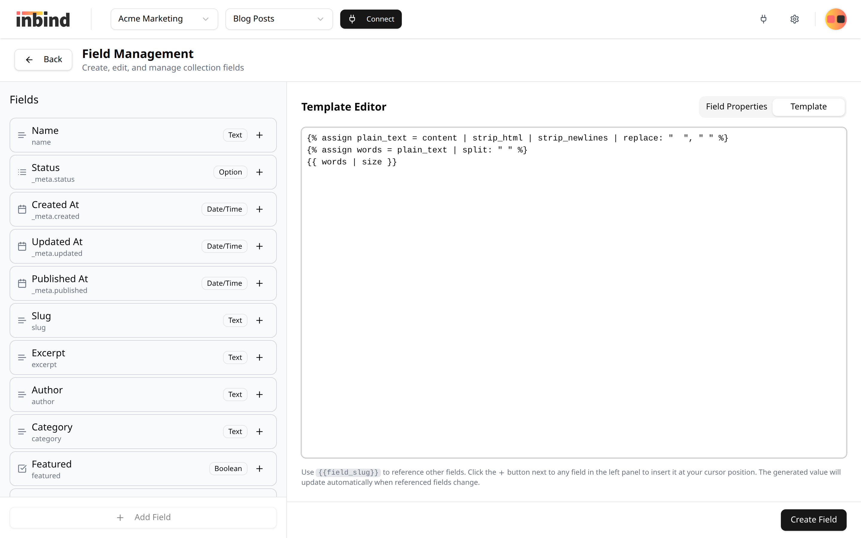 The template editor showing the field list on the left and a Liquid template in the editor on the right