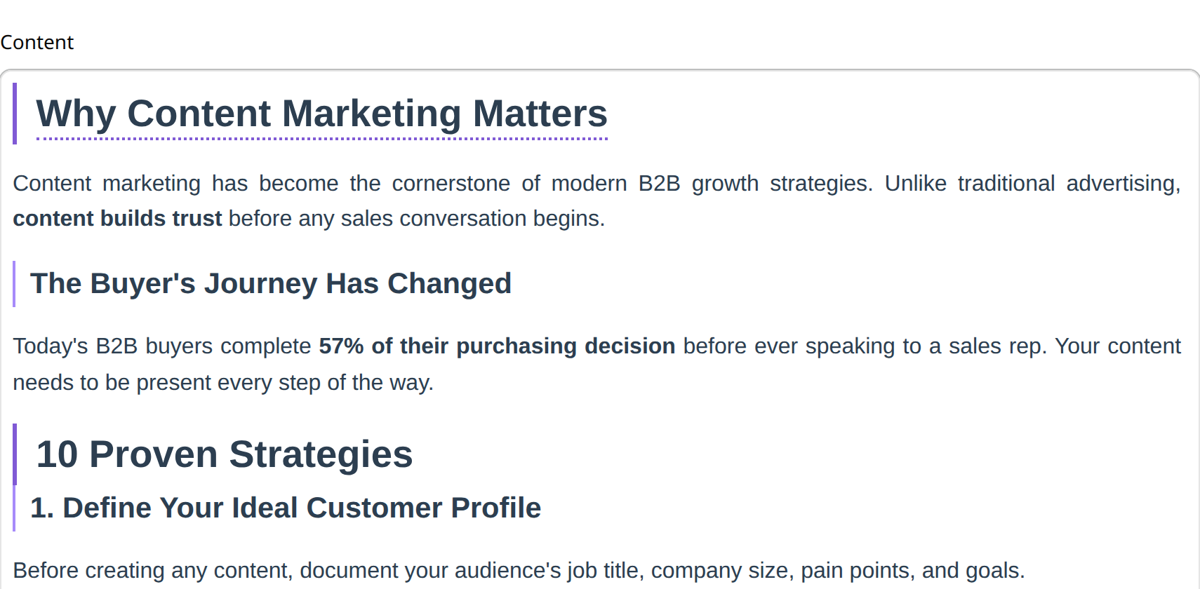 Rich text editor showing heading level indicators and dotted underline on bolded text within a heading